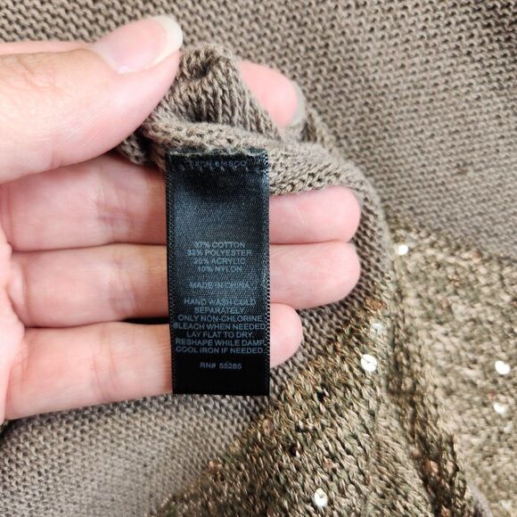 Express Sweater Womens Small Brown Striped Sequins Lightweight Pullover V Neck - Picture 11 of 13